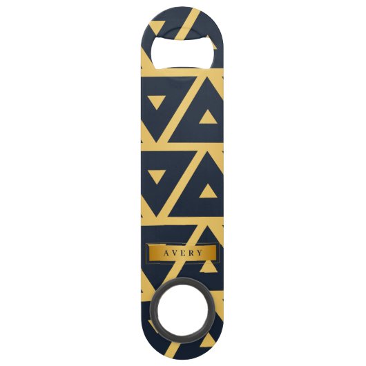 Geometrisch patroon van aangepast blauw goud speed flessenopener (Voorkant)
