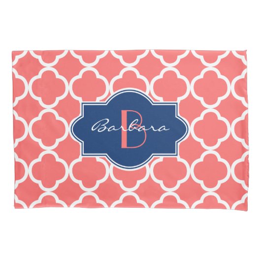 Geometrisch patroon van koraal en wit Quatrefoil Kussensloop (Voorkant)