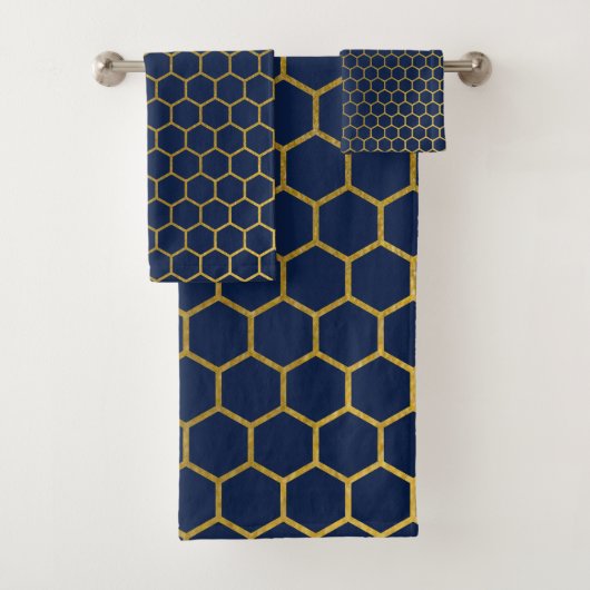 Geometrisch patroon van Navy Blue en Gold Hexagon Bad Handdoek (Insitu)