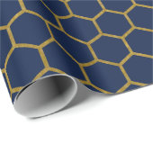 Geometrisch patroon van Navy Blue en Gold Hexagon Cadeaupapier (Rol Hoek)