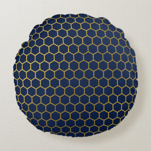 Geometrisch patroon van Navy Blue en Gold Hexagon Rond Kussen