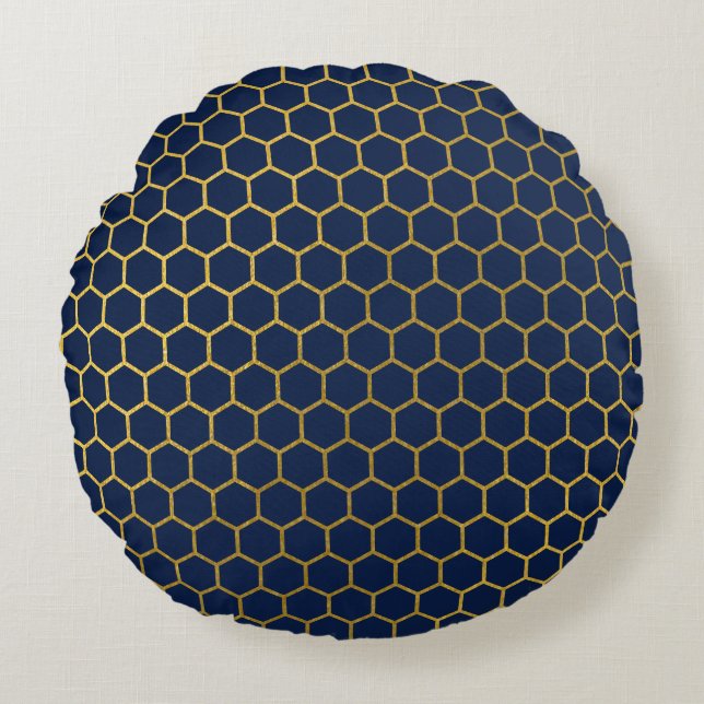 Geometrisch patroon van Navy Blue en Gold Hexagon Rond Kussen (Voorkant)