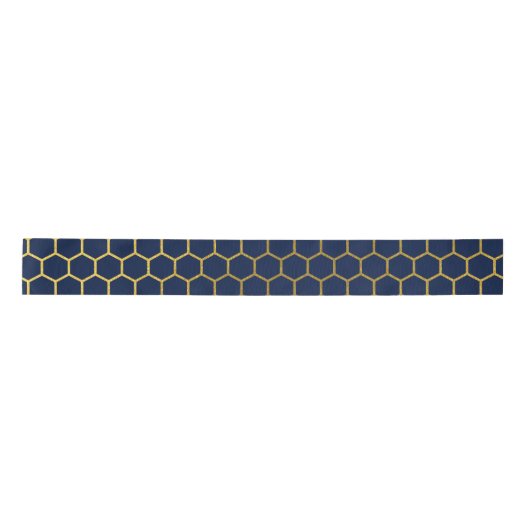 Geometrisch patroon van Navy Blue en Gold Hexagon Satijnen Lint (Voorkant)