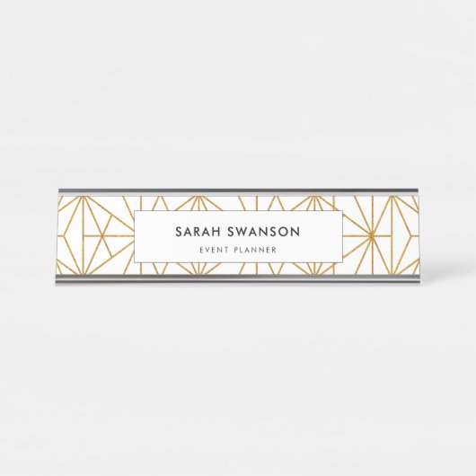 Geometrisch patroon van witte en goudkunstdeco bureau naambordje (Voorkant)
