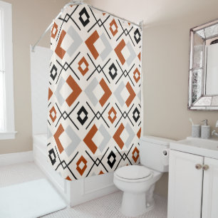 Geometrisch patroon verbrand oranje grijs en beige douchegordijn