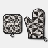 Geometrisch patroon zwart-wit met aangepaste naam ovenwant & pannenlap set (Voorkant)