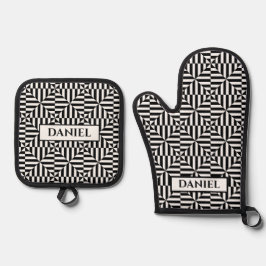 Geometrisch patroon zwart-wit met aangepaste naam ovenwant & pannenlap set