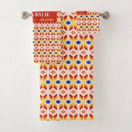 Geometrisch Pixel Bloemmotief in Rood Oranje Geel Bad Handdoek