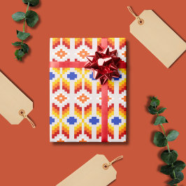 Geometrisch Pixel Bloemmotief in Rood Oranje Geel Cadeaupapier