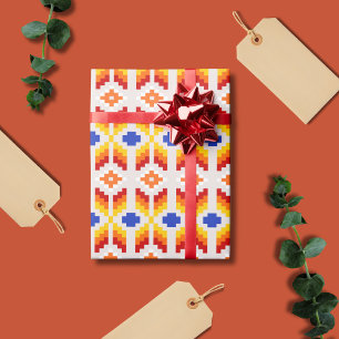 Geometrisch Pixel Bloemmotief in Rood Oranje Geel Cadeaupapier