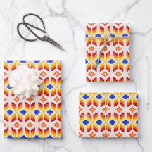 Geometrisch Pixel Bloemmotief in Rood Oranje Geel