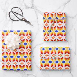 Geometrisch Pixel Bloemmotief in Rood Oranje Geel Inpakpapier Vel
