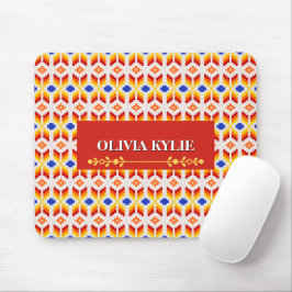 Geometrisch Pixel Bloemmotief in Rood Oranje Geel Muismat