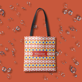 Geometrisch Pixel Bloemmotief in Rood Oranje Geel Tote Bag