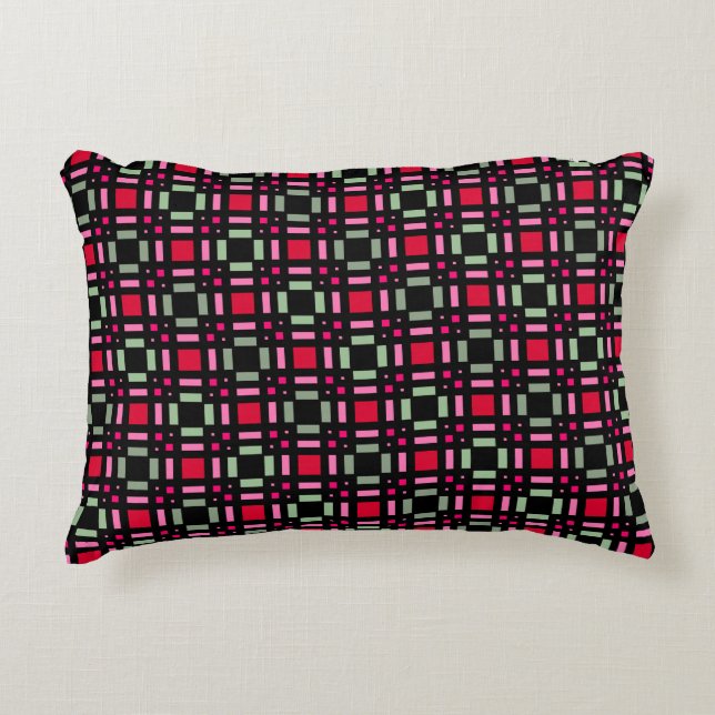 Geometrisch plaid groen rood zwart strepen accent kussen (Voorkant)
