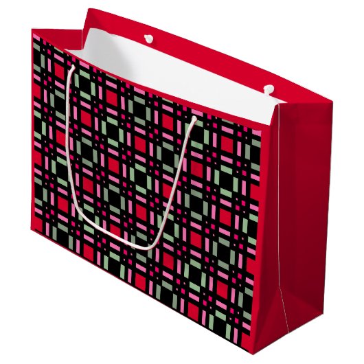 Geometrisch plaid groen rood zwart strepen groot cadeauzakje (Voorkant Gekanteld)