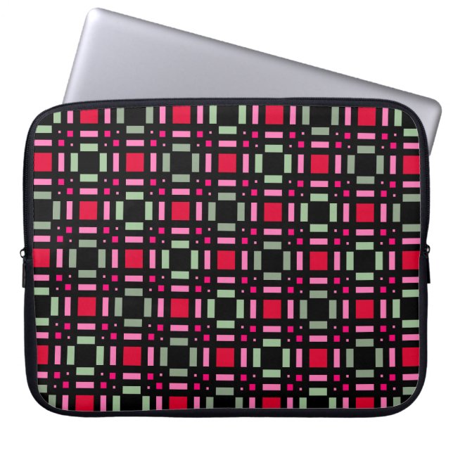 Geometrisch plaid groen rood zwart strepen laptop sleeve (Voorkant)