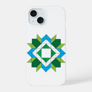 Geometrisch Quilt Star Mozaïek Patroon Blauw Groen iPhone 15 Case