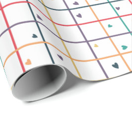 Geometrisch rasterpatroon met verspreide harten cadeaupapier