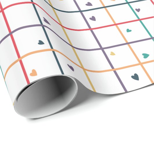 Geometrisch rasterpatroon met verspreide harten cadeaupapier (Rol Hoek)