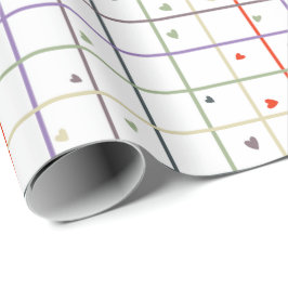 Geometrisch rasterpatroon met verspreide harten cadeaupapier