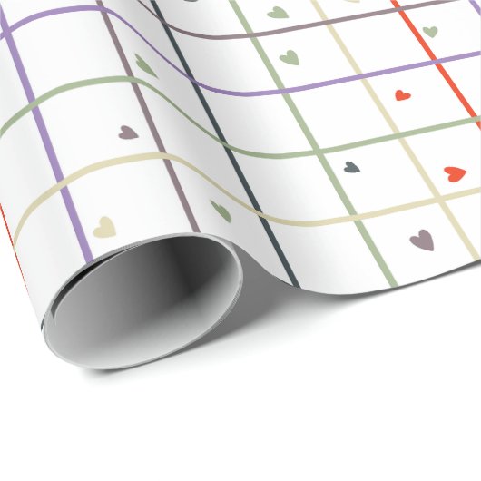 Geometrisch rasterpatroon met verspreide harten cadeaupapier (Rol Hoek)