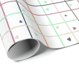 Geometrisch rasterpatroon met verspreide harten cadeaupapier