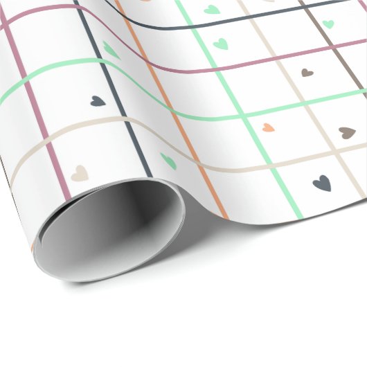Geometrisch rasterpatroon met verspreide harten cadeaupapier (Rol Hoek)