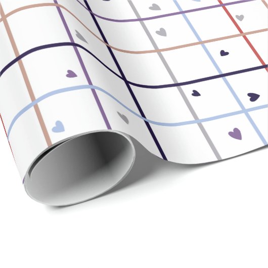 Geometrisch rasterpatroon met verspreide harten cadeaupapier (Rol Hoek)