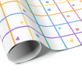 Geometrisch rasterpatroon met verspreide harten cadeaupapier