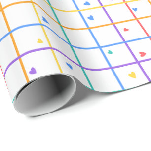 Geometrisch rasterpatroon met verspreide harten cadeaupapier