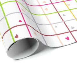 Geometrisch rasterpatroon met verspreide harten cadeaupapier