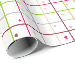 Geometrisch rasterpatroon met verspreide harten cadeaupapier