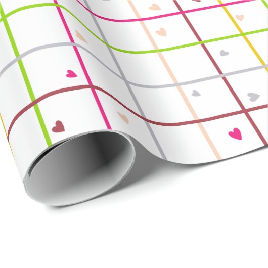 Geometrisch rasterpatroon met verspreide harten cadeaupapier (Rol Hoek)