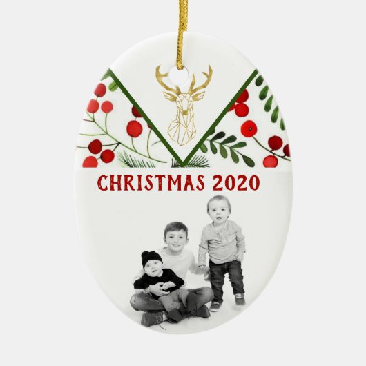 Geometrisch rendier Modern Holly Photo Ornament (Voorkant)