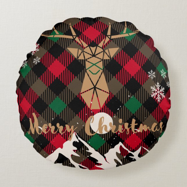 Geometrisch rendier Plaid Christmas-Sierkussen Rond Kussen (Voorkant)