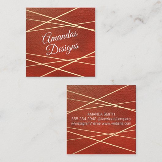 Geometrisch | Rode leren achtergrond Vierkante Visitekaartje (Voorkant / Achterkant)