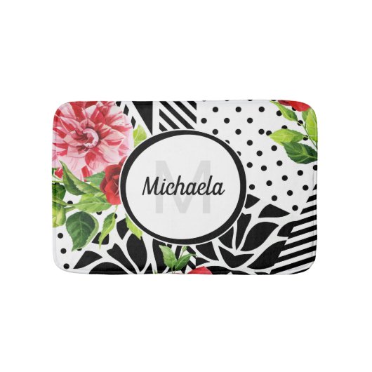Geometrisch Rood Bloemmotief Monogram Badmat (Voorkant)