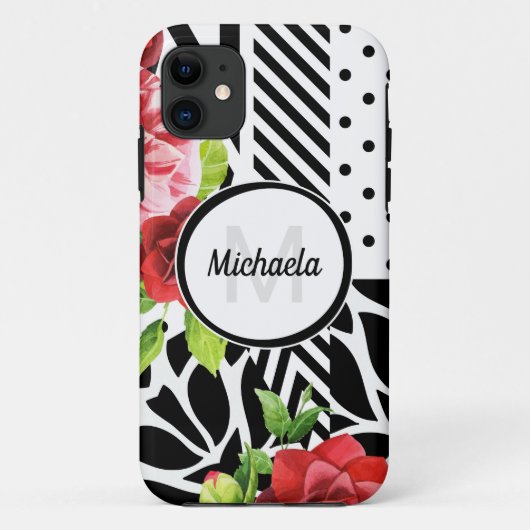 Geometrisch Rood Bloemmotief Monogram Case-Mate iPhone Case (Achterkant)