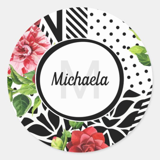 Geometrisch Rood Bloemmotief Monogram Ronde Sticker (Voorkant)