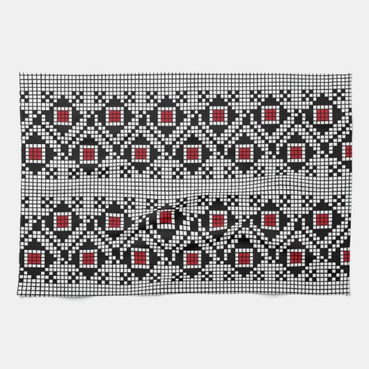 Geometrisch rood en zwart folk Roemeens motief Theedoek (Horizontaal)