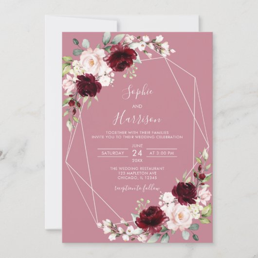 Geometrisch Roos Burgundy Blush Floral Wedding Kaart (Voorkant)