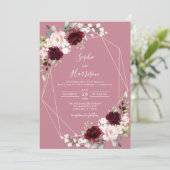 Geometrisch Roos Burgundy Blush Floral Wedding Kaart (Staand voorkant)