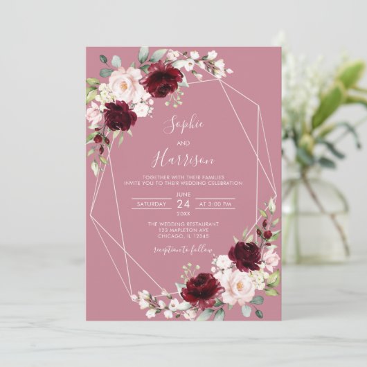Geometrisch Roos Burgundy Blush Floral Wedding Kaart (Staand voorkant)