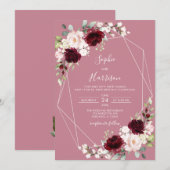 Geometrisch Roos Burgundy Blush Floral Wedding Kaart (Voorkant / Achterkant)
