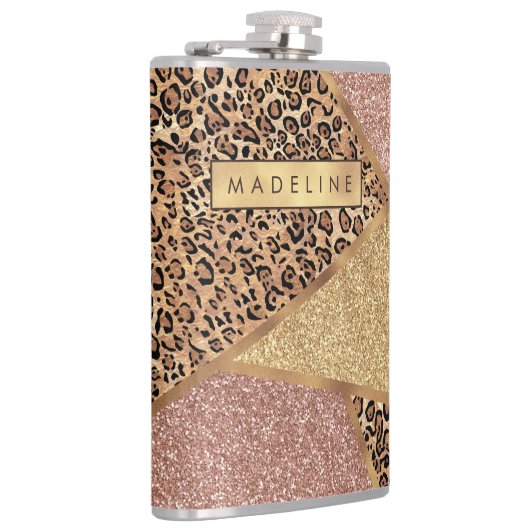 Geometrisch Roos Gold Blush Glitter Leopard Patroo Heupfles (Rechts)