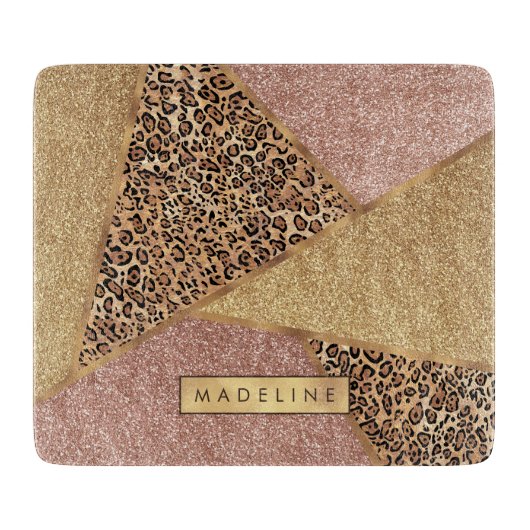 Geometrisch Roos Gold Blush Glitter Leopard Patroo Snijplank (Voorkant)