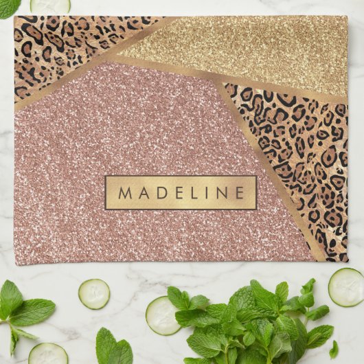 Geometrisch Roos Gold Blush Glitter Leopard Patroo Theedoek (Gevouwen)