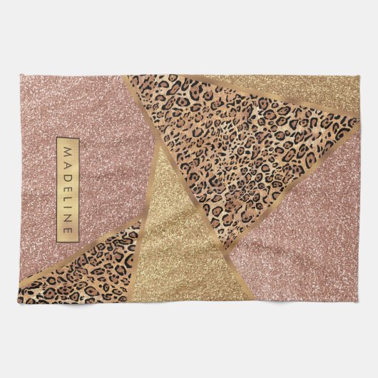 Geometrisch Roos Gold Blush Glitter Leopard Patroo Theedoek (Horizontaal)