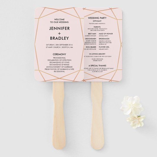 Geometrisch Roos Gold Fan huwelijksprogramma Handwaaier (Voorkant en achterkant)